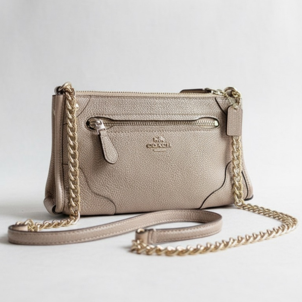 Coach Beige Leather Crossbody Bag with Gold Chain